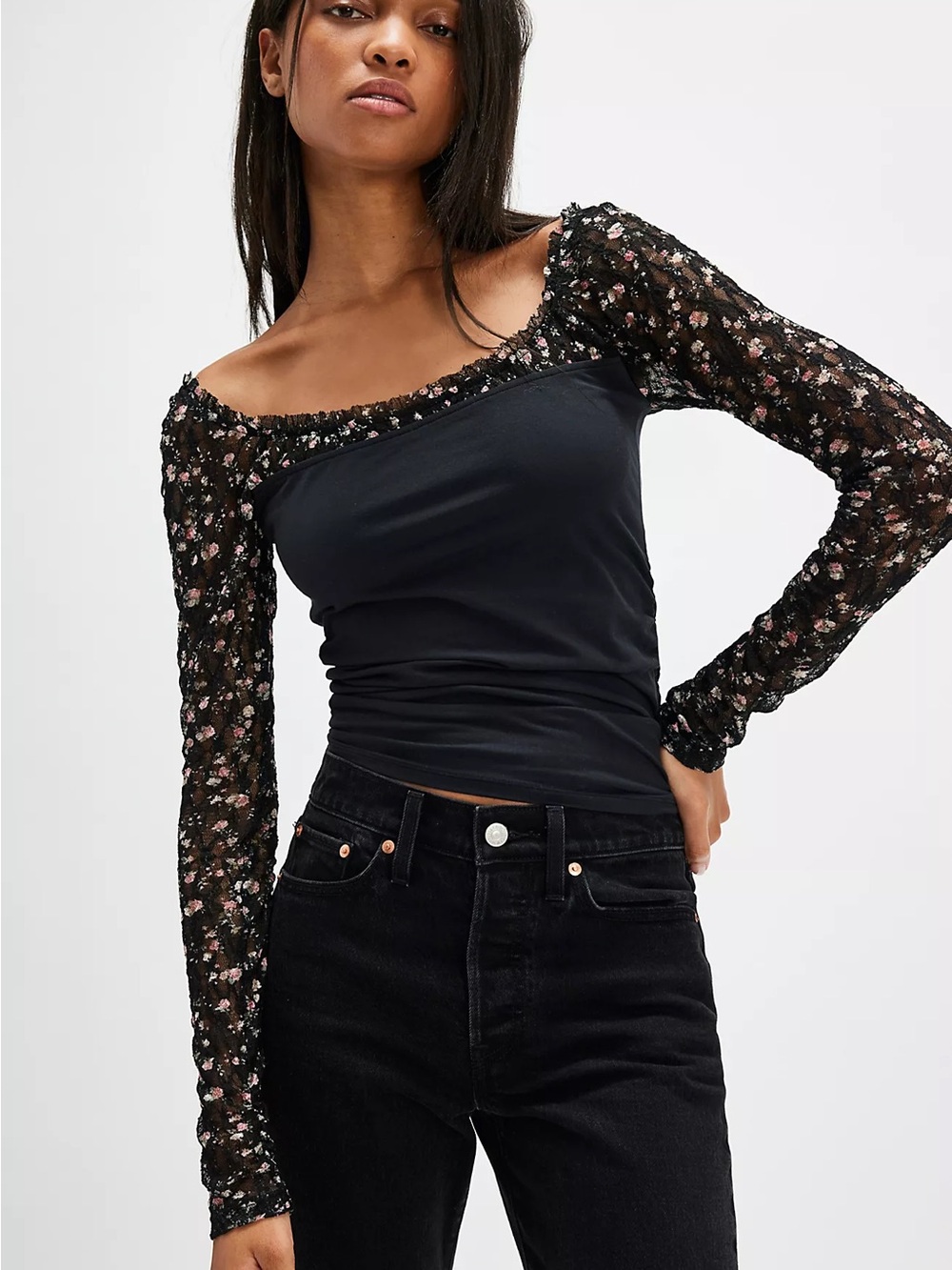 23. | Free People | Josie Long Sleeve | Black Floral Mesh Long Sleeves | XS